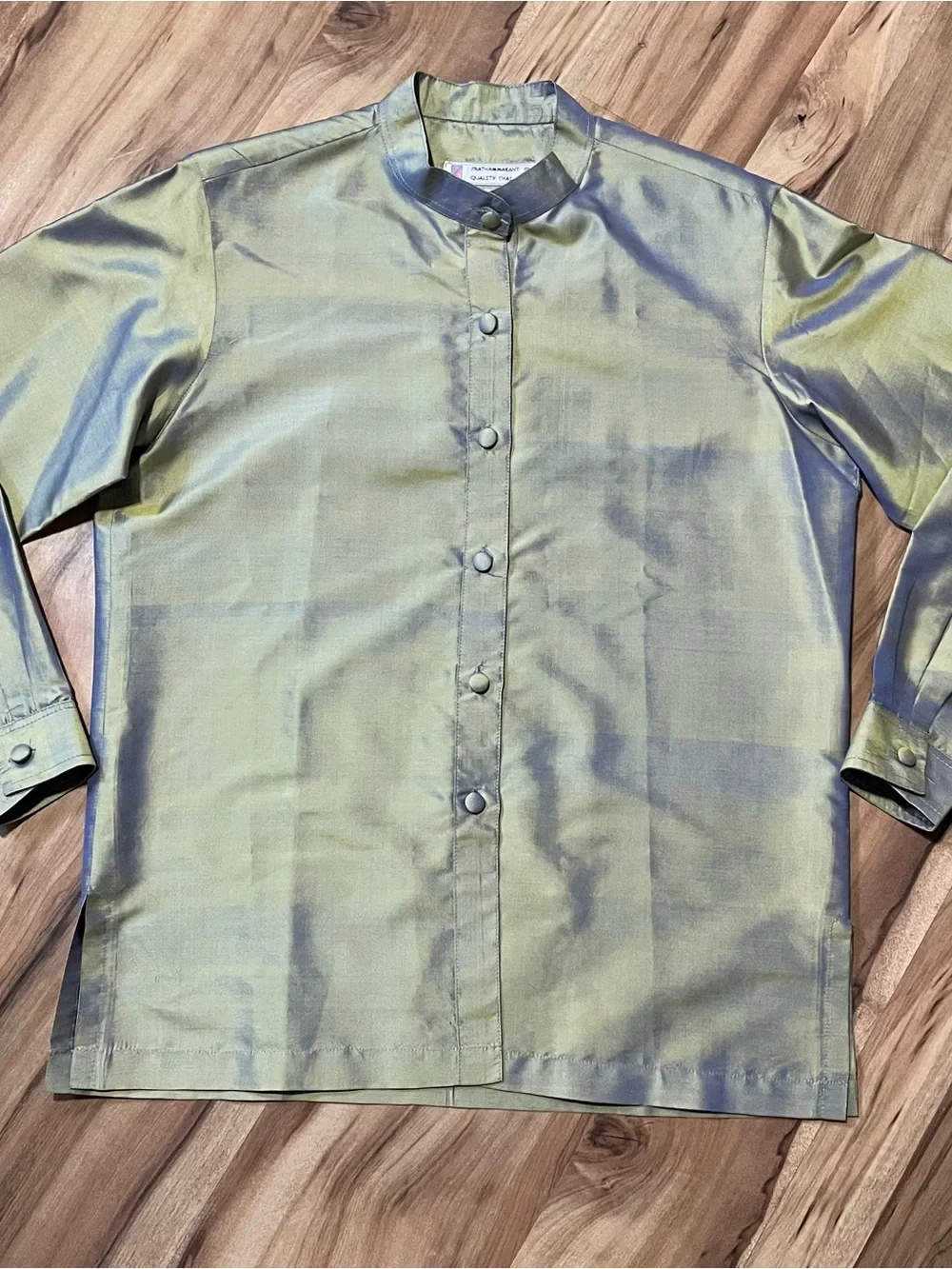 PRATHAMMAKANT Shot Silk Mandarin Collar Button Up - Luminous Sage Green - Picture 2 of 7